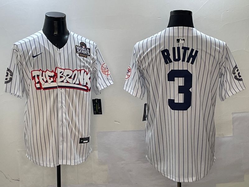 Men New York Yankees 3 Ruth White Stripe four generations Joint Name 2025 Nike MLB Jersey style 3